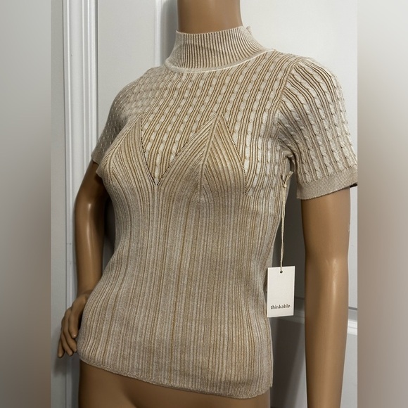 NWT-Mock neck Double Color Patterned Short Sleeve Knit Top - Picture 13 of 13